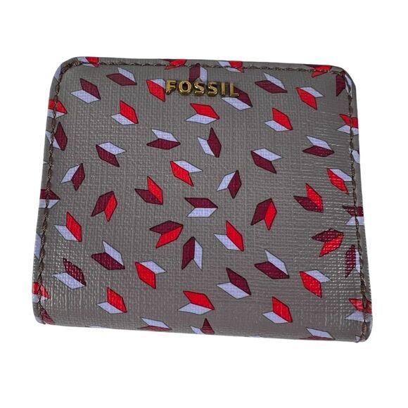 Fossil Mini Wallet Bifold Gray Red Geometric Contemporary - Picture 1 of 8